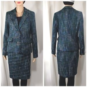 KARL LAGERFELD Green Blue Tweed Jacket & Skirt Fringe Detail Like New Dr…